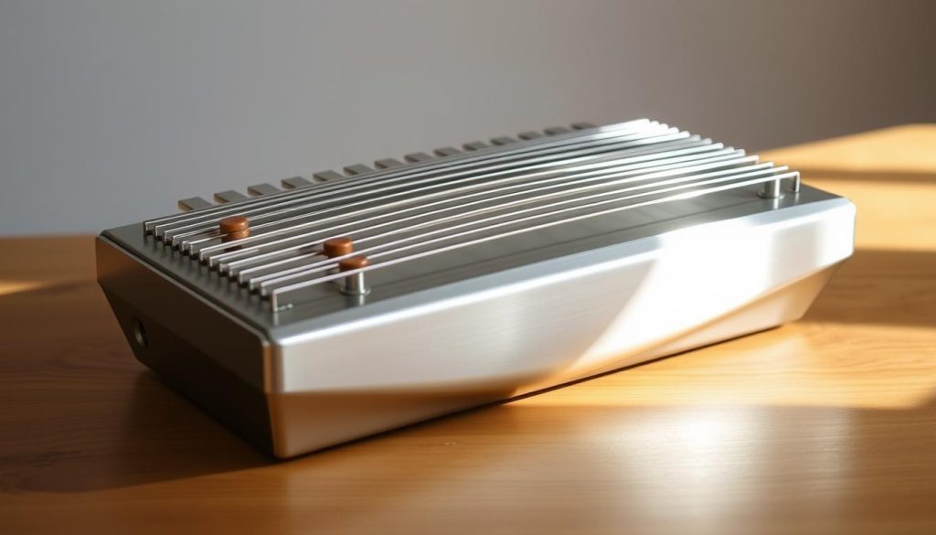 A sleek, modern steel tongue drum resting on a wood surface, its metallic surface gleaming under a soft, natural light. The drum's tuning pegs are visible, showcasing its adjustable, accordable nature. The instrument is placed against a subtly blurred background, allowing the drum to take center stage. The overall composition is clean, balanced, and highlights the unique design and versatility of this alternative percussion instrument.