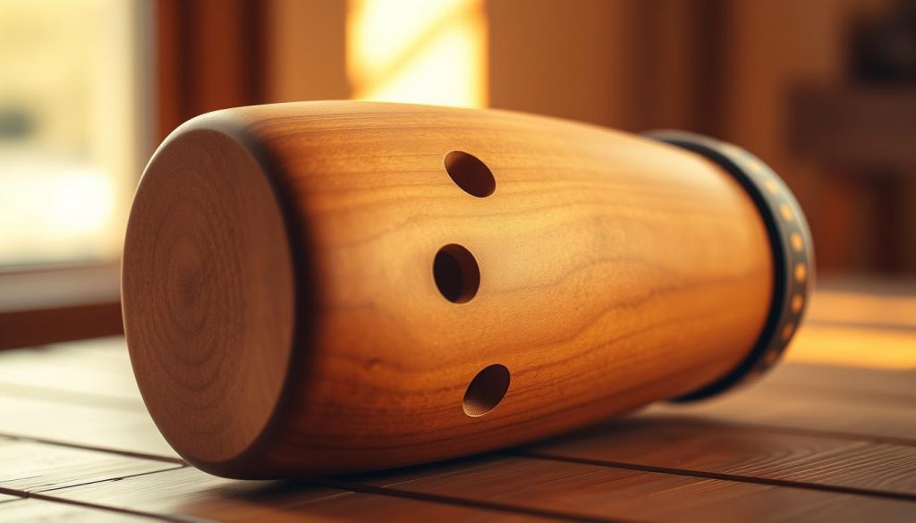 A sonorité tongue drum resting on a wooden surface, illuminated by warm, indirect lighting that accentuates its organic, textured appearance. The drum's body is crafted from high-quality, resonant wood, with a matte finish that captures the natural grain. The drum's distinct circular indentations are prominently displayed, hinting at the unique tonal qualities it can produce. The foreground is in sharp focus, while the background is softly blurred, creating a sense of depth and emphasis on the instrument. The overall composition evokes a serene, meditative atmosphere, inviting the viewer to imagine the captivating, sustained notes the tongue drum can create.