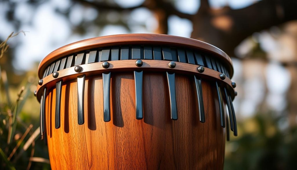 A detailed, high-quality photograph of a gamme tongue drum, showcasing its diatonic, pentatonic, and chromatic tone variations. The drum is positioned in a serene, natural setting with soft, diffused lighting illuminating its sleek, wooden body. The instrument's various tongues and resonant chambers are clearly visible, allowing the viewer to appreciate its intricate construction and tonal capabilities. The image captures the essence of the "Gammes et modèles: diatonique, pentatonique, chromatique et nombres de langues" section, providing a visually striking representation of the subject matter.
