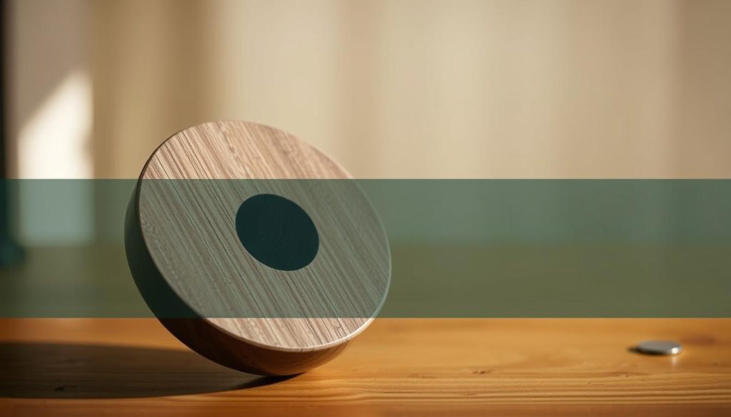 A progresser 9 à 15 notes tongue drum, resting on a wooden surface, with a soft, natural lighting illuminating its intricate details. The drum's sleek, circular form is crafted with precision, each note precisely placed and tuned, inviting the viewer to explore its harmonious sounds. The background blurs gently, allowing the instrument to take center stage, its warm, earthy tones complementing the serene atmosphere. The overall composition conveys a sense of tranquility and musical exploration, capturing the essence of the "De 9 à 15 notes: progresser, écouter, créer vos propres partitions" section of the article.