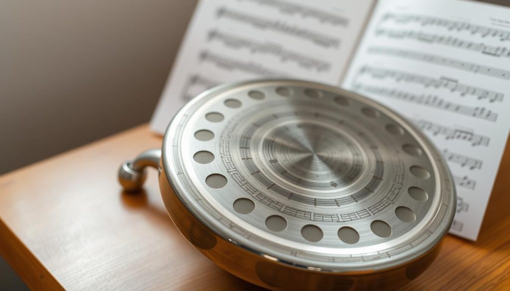 A steel tongue drum resting on a wooden surface, its metallic plates gleaming under soft, even lighting. The instrument sits in the foreground, its distinctive circular shape and intricate pattern of indentations capturing the viewer's attention. In the middle ground, a sheet of music paper unfurls, its notes and measures hinting at the melodic potential of this unique percussion instrument. The background is softly blurred, creating a sense of focus and emphasis on the steel tongue drum and the sheet music. The overall scene conveys a sense of anticipation and the promise of musical exploration, inviting the viewer to engage with the instrument and its corresponding score.