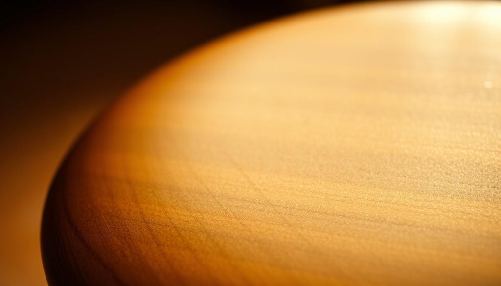 A close-up of a tonalité tongue drum, its smooth wooden surface gleaming under warm studio lighting. The drum's circular design is showcased, with distinct tones visible across its surface. The image captures the instrument's tactile quality, inviting the viewer to imagine the soothing resonance of its gentle tones. The perspective is slightly angled, creating a sense of depth and emphasizing the tongue drum's sculptural form. The overall mood is serene and contemplative, reflecting the meditative nature of the subject.