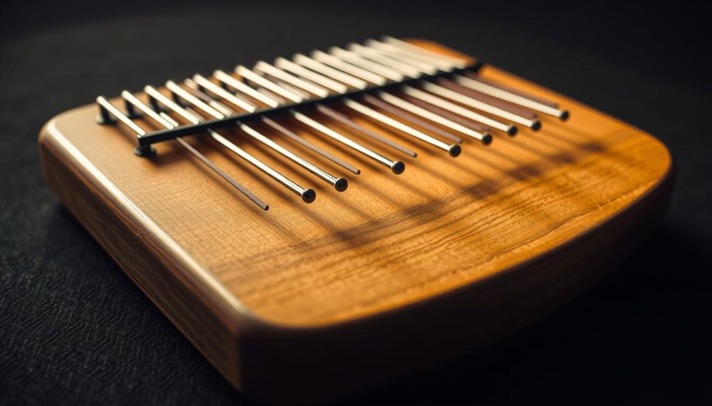 A close-up view of a wooden tongue drum with rows of metal notes, illuminated by soft, warm lighting. The drum is placed on a dark, textured surface, creating a sense of depth and focus on the intricate details of the instrument. The notes are arranged in a visually appealing pattern, hinting at the melodic possibilities of the tongue drum. The overall atmosphere is contemplative and inviting, inspiring the viewer to imagine the soothing, resonant tones that could be coaxed from this unique percussive instrument.