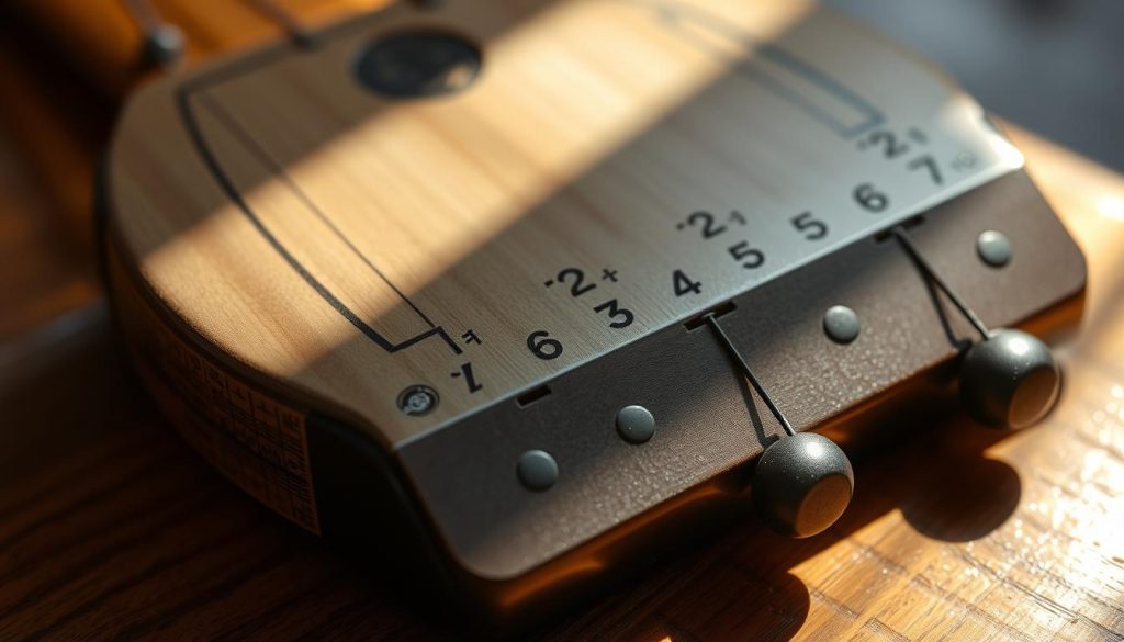 A detailed close-up of a tongue drum, its surface adorned with numbered markings. The drum lies on a wooden surface, illuminated by warm, natural lighting that casts gentle shadows. The focus is on the identifiable note markings, each clearly visible and legible. The composition emphasizes the tactile, hands-on nature of learning to play the instrument, inviting the viewer to imagine themselves interacting with the drum and discerning the different note positions. The overall mood is one of exploration and discovery, capturing the essence of the "Identifier les notes de son instrument" section.