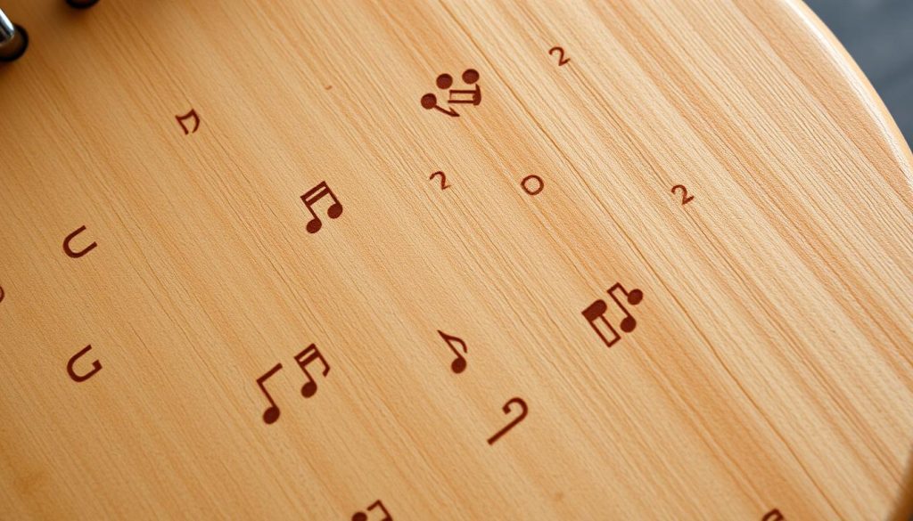 A detailed close-up view of a tongue drum's wooden surface, showcasing an array of musical notes and rhythmic patterns etched or carved into the instrument. The notes are clearly visible, with a clean, crisp appearance, arranged in a visually appealing and organized manner. The lighting is natural and soft, accentuating the grain and texture of the wood. The angle is slightly elevated, providing a bird's-eye perspective that emphasizes the intricate details of the instrument. The overall mood is one of musicality, precision, and the tactile experience of playing a tongue drum.