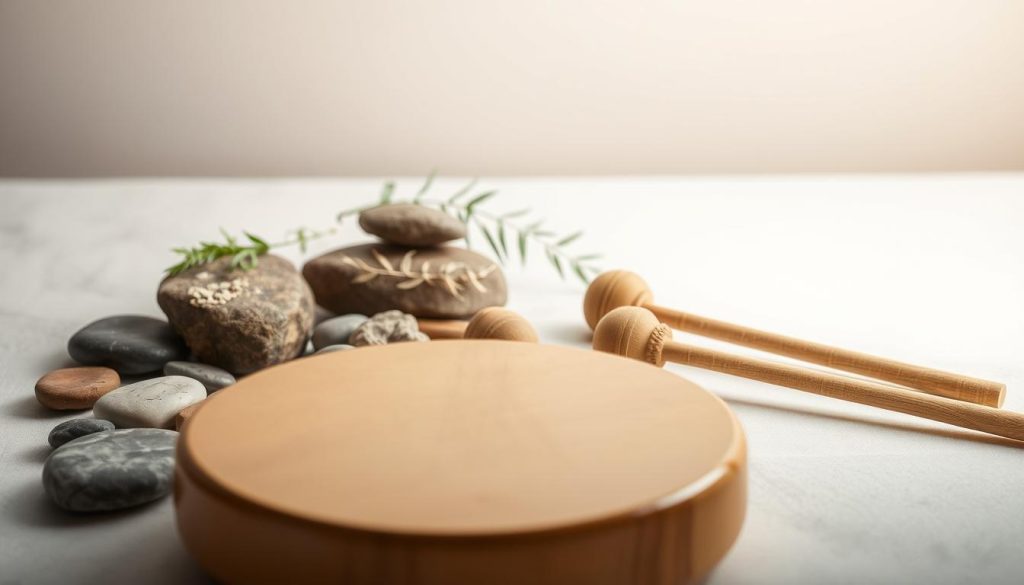 A peaceful, softly lit still life depicting a collection of thoughtfully arranged accessories for a tongue drum. In the foreground, the warm-toned wooden drum takes center stage, its smooth surface reflecting the gentle illumination. Surrounding it, an assortment of natural elements - smooth river stones, delicate feathers, and a sprig of fresh greenery - create a calming, earthy composition. In the middle ground, a pair of mallets, their handles wrapped in woven natural fibers, suggest the instrument's soothing melodies. The background fades into a soft, muted backdrop, allowing the central focus to remain uncluttered and serene. The overall scene conveys a sense of mindfulness and tranquility, capturing the essence of the "Accessoires utiles et entretien minimal pour des sonorités stables" section.