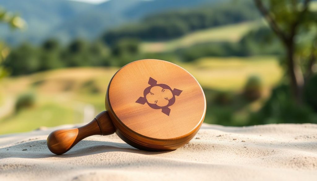 A serene and calming composition of a tongue drum in a tranquil natural setting. The instrument rests on a smooth, earthy surface, its resonant wooden tones accentuated by soft, diffused lighting. In the background, a blurred landscape of lush greenery and gentle hills creates a sense of depth and peaceful ambiance. The camera angle is slightly elevated, allowing the viewer to appreciate the organic form and texture of the tongue drum, inviting them to imagine the soothing vibrations it would produce. The overall scene exudes a meditative and restorative atmosphere, perfectly capturing the essence of finding the right instrument for optimal relaxation.