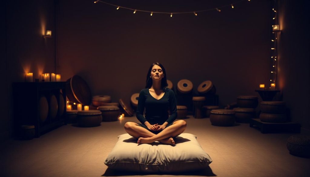 A serene, dimly lit studio filled with an array of tongue drums and meditation cushions. Soft, warm lighting emanates from candles and string lights, casting a gentle glow across the scene. In the foreground, a person sits cross-legged on a plush cushion, eyes closed in deep contemplation, their hands resting gently on their lap. The middle ground features a collection of tongue drums in various sizes and shapes, their surfaces polished and inviting. The background blends into a soothing, muted color palette, creating a calming, introspective atmosphere. The overall composition evokes a sense of tranquility, inviting the viewer to experience the meditative power of the tongue drum.