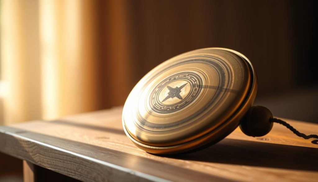 A serene, softly lit tongue drum resting on a wooden surface, its bronze tones gleaming under warm, natural lighting. The drum's distinctive concentric circles are prominently featured, inviting the viewer to imagine the soothing, meditative rhythms it can produce. The background is blurred, creating a sense of tranquility and focus on the instrument. The composition is balanced, with the tongue drum occupying the central and focal point, emphasizing its role as a tool for relaxation and mindfulness. Subtle shadows and highlights accentuate the drum's contours, adding depth and dimension to the image.