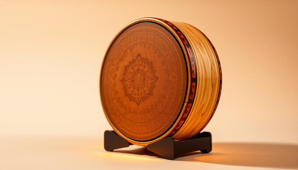 A 10 to 14 inch tongue drum made of high-quality wood, its surface adorned with intricate patterns and a natural, organic finish. The drum sits on a sleek, modern stand, illuminated by warm, soft lighting that creates a soothing, meditative atmosphere. The instrument's distinct, resonant tones are captured in sharp focus, inviting the viewer to imagine the gentle, calming melodies it can produce. The background is a serene, minimalist setting, allowing the beauty and craftsmanship of the tongue drum to be the central focus of the image.