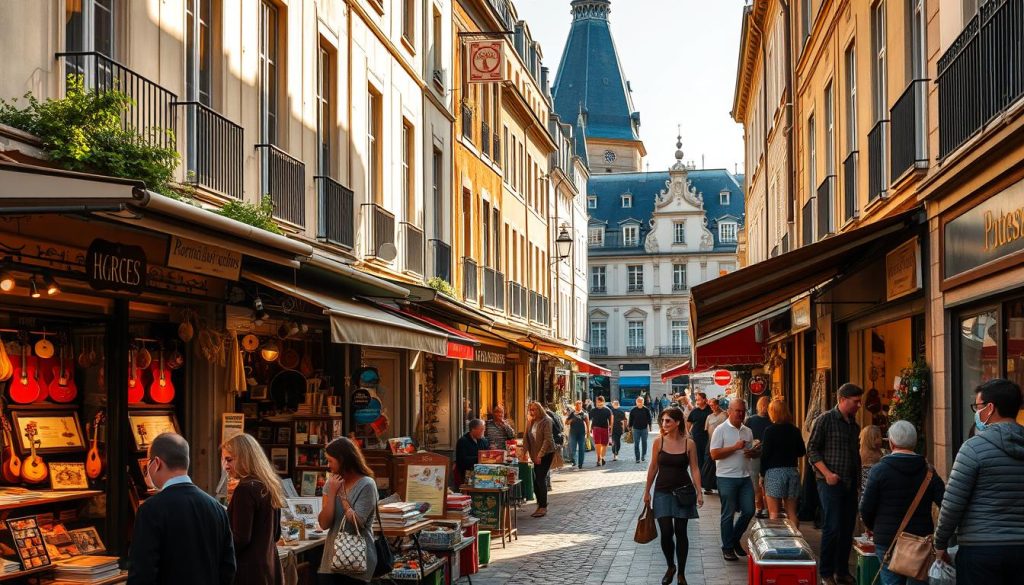 A bustling French marketplace, with rows of charming specialty shops and local vendors showcasing their wares. The warm, golden light of the afternoon sun filters through the quaint storefronts, casting a cozy ambiance across the scene. In the foreground, customers browse an array of unique products, from handcrafted artisanal goods to high-quality musical instruments. The middle ground features a mix of small boutiques, family-owned businesses, and larger retail establishments, all contributing to the vibrant, urban atmosphere. In the background, the architecture reflects the historic charm of a French city, with ornate facades and cobblestone streets. The overall mood is one of community, tradition, and the celebration of local craftsmanship.