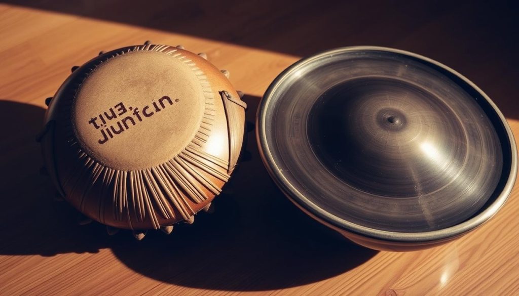 A close-up comparison of a tongue drum and a handpan, both resting on a wooden surface. The tongue drum has a circular body with a distinct pattern of raised tongues, while the handpan features a bowl-like shape with a central depression. The lighting is soft and directional, creating subtle shadows that accentuate the unique textures and contours of each instrument. The image has a warm, earthy color palette, evoking the natural materials used in their construction. The perspective is slightly elevated, allowing the viewer to appreciate the distinct profiles and playing surfaces of the two percussive instruments side by side.