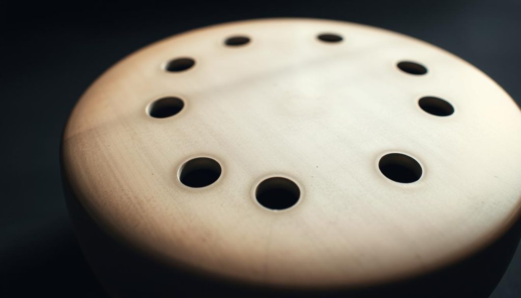 A close-up view of a high-quality tongue drum, its smooth, polished surface reflecting the light. The drum sits on a dark, minimalist surface, allowing the instrument's natural beauty to take center stage. The lighting is soft and diffused, creating a serene, studio-like atmosphere. The image captures the intricate details of the drum's tonal holes and the subtle variations in its metal finish, conveying a sense of craftsmanship and precision. The overall composition emphasizes the instrument's sonic potential, inviting the viewer to imagine the rich, resonant tones it could produce.