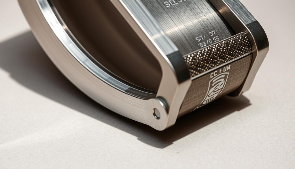 A close-up view of a tongue drum made of various metal materials, including brushed stainless steel, painted steel, and an alloy with a unique texture. The drum is positioned on a neutral-toned surface, allowing the details of the construction and finishes to shine. Soft, even lighting from the side creates subtle shadows that accentuate the contours and craftsmanship of the instrument. The overall composition conveys a sense of elegance and precision, reflecting the high-quality materials and attention to detail in the design.