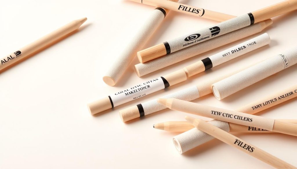 A crisp, high-resolution image showcasing a collection of drumstick filters in a variety of thicknesses and brands, artfully arranged on a clean, neutral background. The filters are presented with meticulous attention to detail, highlighting their unique textures, materials, and design elements. The lighting is soft and diffused, creating a sense of depth and dimension, while the camera angle provides an optimal, eye-level view of the filters. The overall composition and styling convey a sense of sophistication and professionalism, suitable for inclusion in an article on tongue drum accessories.