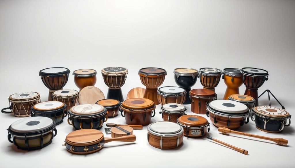 A detailed, high-quality image of various manufacturers' models of small format tongue drums, displayed in a clean, well-lit studio setting. The foreground features an assortment of compact, portable tongue drums in diverse shapes and finishes, arranged neatly on a simple white backdrop. The middle ground showcases the intricate designs and textures of the instruments, inviting the viewer to appreciate their craftsmanship. The background is evenly lit, with subtle shadows and reflections emphasizing the three-dimensional quality of the models. The overall mood is one of focused attention, highlighting the key features and capabilities of these compact, versatile percussion instruments.