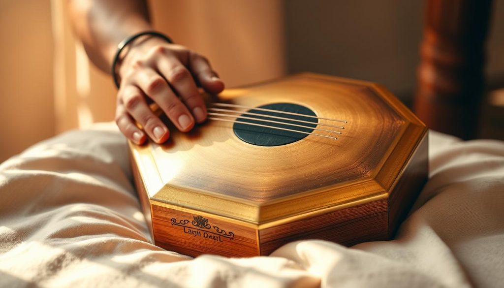 A harmonious tongue drum rests on a soft, wooden surface, its bronze tones shimmering in warm, natural lighting. The instrument's distinctive pentagonal shape and delicate finger-played ridges create a mesmerizing visual composition. In the foreground, the player's hands gently caress the drum's surface, coaxing out rich, soothing melodies that evoke a sense of tranquility and creative flow. The background fades into a hazy, atmospheric setting, allowing the viewer to focus on the captivating interplay of sound and movement. This scene perfectly encapsulates the essence of improvising with the pentatonic scale on the tongue drum, a union of harmony, creativity, and mindful expression.