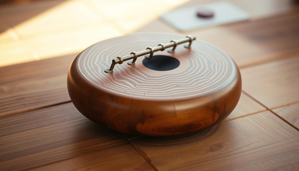 A high-quality, realistic tongue drum resting on a wooden surface, captured in warm, natural lighting. The drum's surface features intricate patterns and a deep, earthy tone, inviting the viewer to imagine the melodic sounds it can produce. The composition showcases the instrument's organic form and craftsmanship, emphasizing its role as a versatile and expressive musical tool. The background is softly blurred, allowing the tongue drum to be the central focus, reflecting the practical and informative nature of the "Échelles pentatoniques au tongue drum : guide pratique" section.