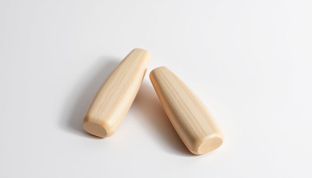 A pair of hand-crafted wooden tongue drum baguettes, their surfaces meticulously sanded and polished to a smooth, matte finish. The baguettes are positioned at a slight angle, casting subtle shadows on a minimalist, light-colored backdrop, creating a clean, focused composition. The lighting is soft and diffused, highlighting the natural grain and texture of the wood. The baguettes are presented in a manner that emphasizes their tactile quality, inviting the viewer to imagine the feel and sound they would produce when striking the tongue drum. The overall mood is one of simplicity, craftsmanship, and the anticipation of musical exploration.