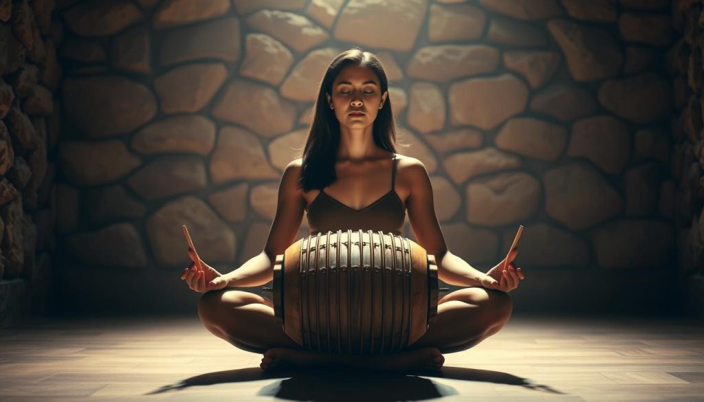 A serene figure sits cross-legged in a dimly lit meditation chamber, their face calm and focused. Soft, warm lighting casts a gentle glow, illuminating the intricate wooden tongue drum placed before them. The background is filled with the soothing hues of natural stone walls, creating a tranquil, contemplative atmosphere. The overall scene evokes a sense of inner peace, inviting the viewer to experience the therapeutic benefits of meditation, yoga, and sound healing.