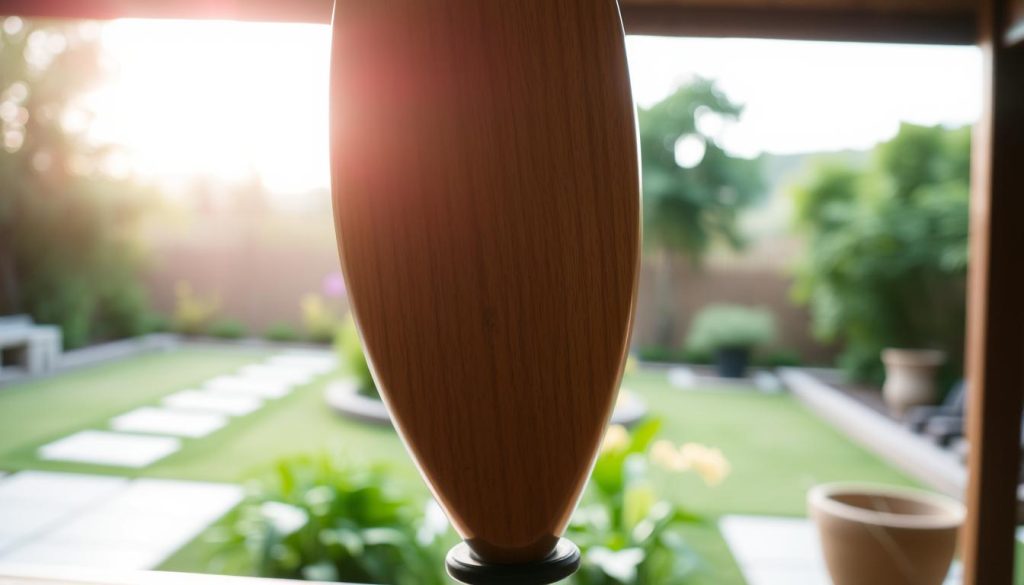 A serene tongue drum in a tranquil setting, captured with a soft, natural lighting and a shallow depth of field. The instrument is prominently featured in the foreground, its smooth wooden surface reflecting the warm hues of the environment. In the middle ground, a peaceful garden or natural landscape provides a calming backdrop, with lush greenery and subtle textures. The composition creates a sense of harmony and relaxation, inviting the viewer to immerse themselves in the soothing tones of the tongue drum.