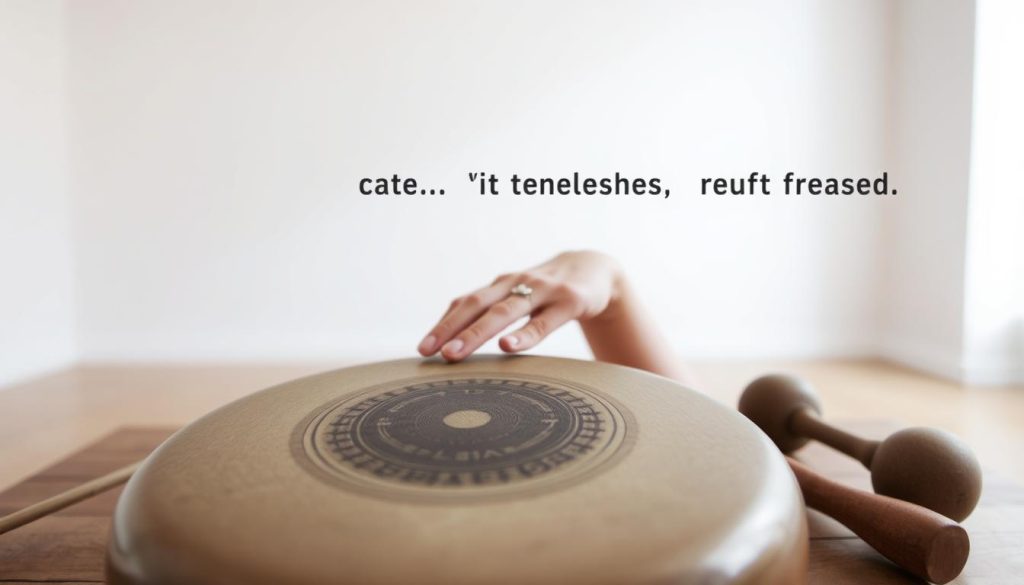 A serene, well-lit studio setting with a close-up view of a tongue drum. The drum is placed on a wooden surface, surrounded by a few mallets of varying sizes. The foreground showcases the intricate patterns and textures of the tongue drum's surface, inviting the viewer to imagine the soothing tones it can produce. The middle ground includes a hand gently striking the drum, demonstrating the technique of playing the instrument. The background features a minimalist, neutral-colored wall, allowing the focus to remain on the drum and the playing motion. The overall atmosphere is tranquil and meditative, setting the stage for the progressive exercises to follow.