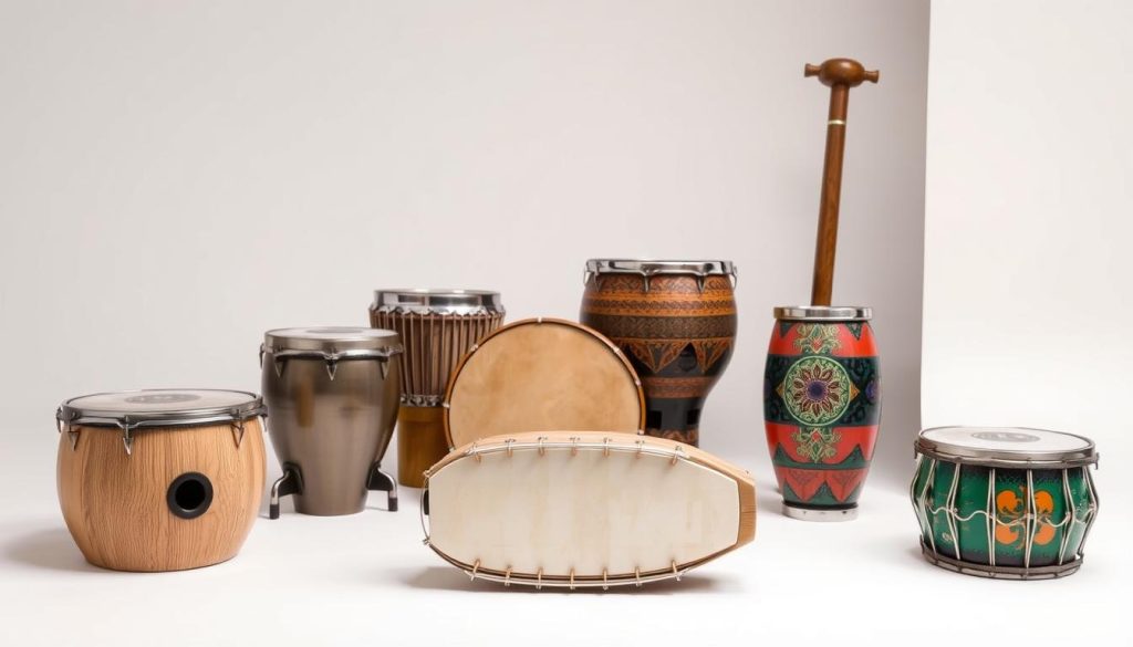 A sleek arrangement of various French tongue drums, showcased in a well-lit studio setting. The foreground features three distinct models, each with a unique design and finish - a natural wood grain, a muted metallic sheen, and a vibrant, painted surface. The middle ground offers a closer look at the intricate patterns and tuning details of the instruments, inviting the viewer to appreciate the craftsmanship. The background maintains a clean, minimalist aesthetic, allowing the drums to take center stage and highlighting their visual appeal. The overall composition creates a sense of balance, harmony, and the quintessential French artisanal spirit.