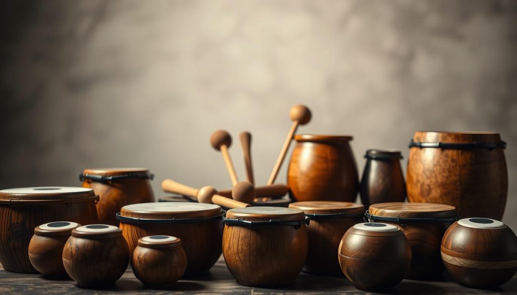A sophisticated still life photograph showcasing a variety of tongue drums against a softly blurred background. In the foreground, several Akebono tongue drums in different shapes and sizes are meticulously arranged, their smooth wooden surfaces gleaming under gentle studio lighting. The middle ground features a selection of mallets and beaters, hinting at the rich tones and rhythmic possibilities of these unique instruments. The background is softly defocused, creating a sense of depth and emphasizing the tactile, artisanal quality of the tongue drums. The overall mood is one of contemplation and appreciation for the craftsmanship and musical potential of these mesmerizing percussion tools.