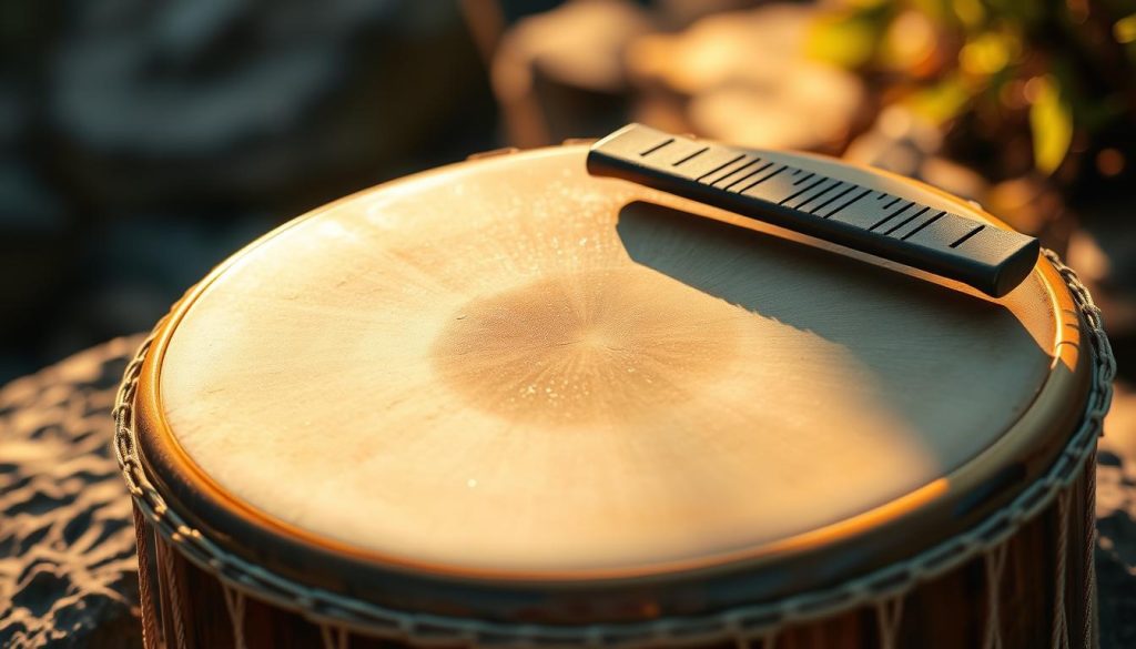 A tongue drum, its surface adorned with a mesmerizing Akebono scale pattern, resting on a serene, natural backdrop. Warm, soft lighting illuminates the drum's organic curves, casting gentle shadows that accentuate the intricate details of the instrument. The wooden tones blend seamlessly with the earthy surroundings, creating a calming, meditative atmosphere. The drumhead is positioned to showcase its playing surface, inviting the viewer to imagine the soothing, resonant tones that could be coaxed from its carefully tuned tongues. This image encapsulates the essence of the Akebono scale and the captivating experience of playing a tongue drum.