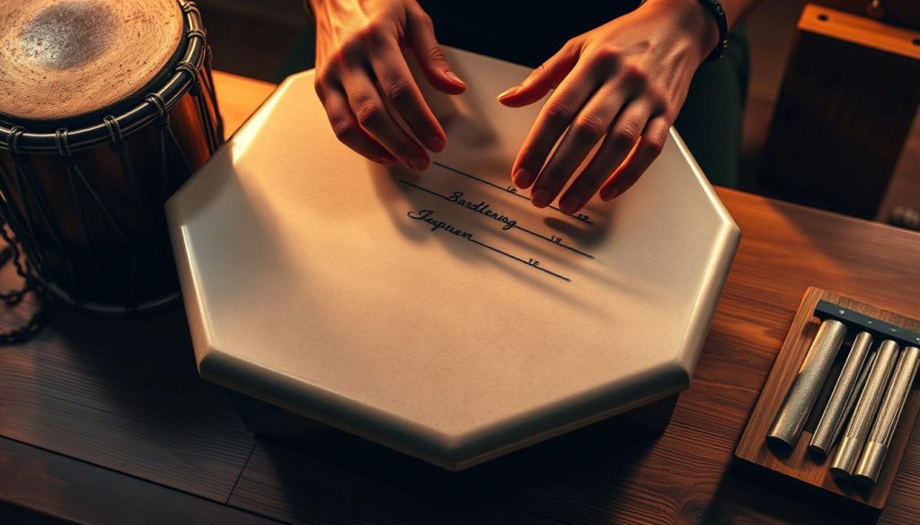 A tongue drum resting on a wooden surface, its smooth, rounded body gently reflecting the warm studio lighting. The player's hands delicately strike the metal tongues, coaxing out a mesmerizing, rhythmic melody that fills the air. The pentagonal drum is surrounded by various percussion instruments - a djembe, a hand-carved cajon, and a set of small metal chimes. The overall mood is tranquil and meditative, inviting the viewer to lose themselves in the captivating interplay of sound and movement.