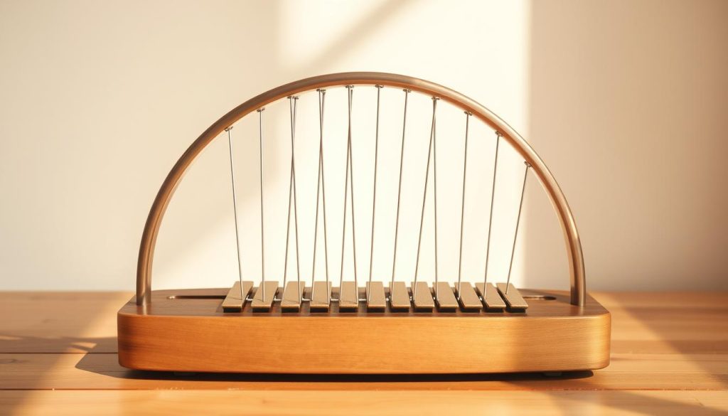 A tongue drum set nestled atop a serene, minimalist wooden surface, its metallic tones glistening under the warm, natural lighting. The drum's distinct arc-shaped design and varying sized tongues are prominently featured, inviting the viewer to imagine the soothing, meditative Akebono scale resonating through the space. The background is a soft, ethereal blur, allowing the instrument to take center stage and captivate the viewer's attention. The overall composition exudes a sense of tranquility and mindfulness, perfectly complementing the subject matter of the "Akebono au tongue drum : comprendre cette gamme" article section.