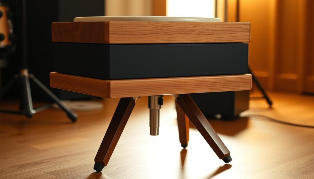 A well-crafted and adjustable support system for a tongue drum, featuring a sturdy fixed platform with a sleek, minimalist design. The platform is elevated on a tripod base with adjustable legs, allowing for precise positioning and stability on uneven surfaces. Warm lighting casts a soft, diffused glow, highlighting the natural wood grain and matte finish of the support, creating an inviting and professional atmosphere. The camera angle is slightly elevated, capturing the support's clean lines and emphasizing its role as a functional yet aesthetically pleasing accessory for the tongue drum.