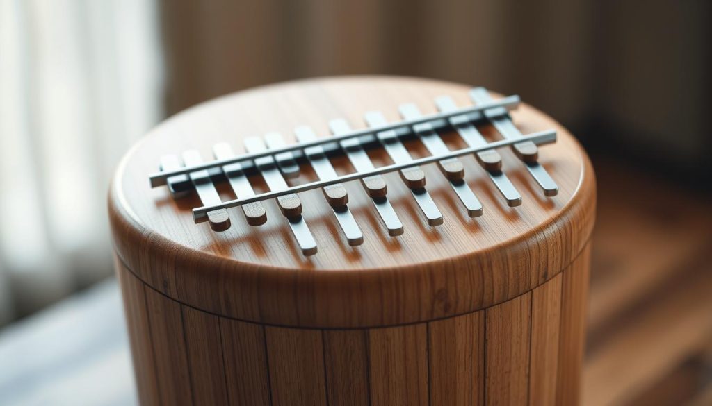 A well-crafted tongue drum in a warm, natural wood tone, set against a softly blurred, ambient background. The drum's surface features a harmonious, pentatonic scale layout, with each tongue precisely tuned to create a soothing, diatonic sound. The lighting is gentle, emphasizing the grain and tactile details of the instrument. The composition places the drum as the central focus, showcasing its elegant design and inviting the viewer to explore its resonant tones.