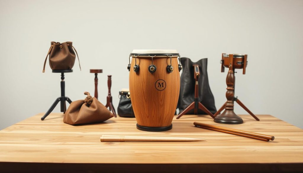 A well-lit studio scene, a tongue drum and its accessories arranged neatly on a wooden table. In the foreground, the drum stands prominently, its natural grain and finish accentuated by soft, directional lighting. Surrounding it, a collection of high-quality leather sacks, polished wooden stands, and a set of smooth, varnished drum sticks. The scene conveys a sense of care and attention to detail, reflecting the "Entretien et longévité" theme. The background is a clean, minimalist space, allowing the accessories to be the focal point. The overall mood is one of craftsmanship, longevity, and the appreciation of fine musical instruments and their components.