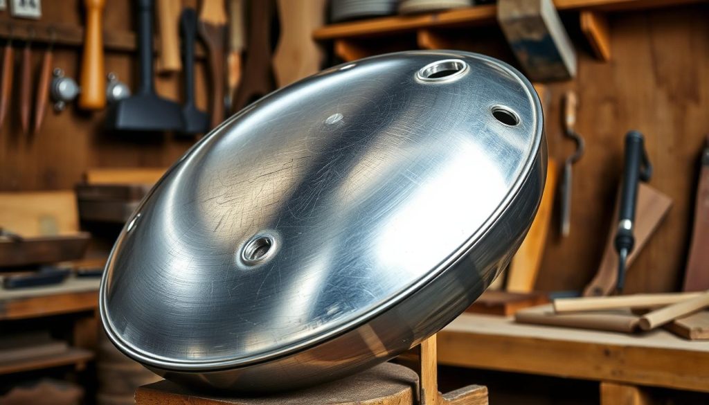 Photograph of a handcrafted French tongue drum called "Gamme Zenko Acier", showcased in a warm, rustic workshop setting. The drum's sleek, curved steel body gleams under soft, diffused lighting, with the metal's unique metallic sheen and grain visible. The instrument's soundholes are neatly arranged, hinting at its musical potential. The workshop backdrop features rough-hewn wooden surfaces and tools of the craft, creating an artisanal, handmade ambiance. The overall composition highlights the drum's elegant design and celebrates the skilled craftsmanship of French musical instrument makers.