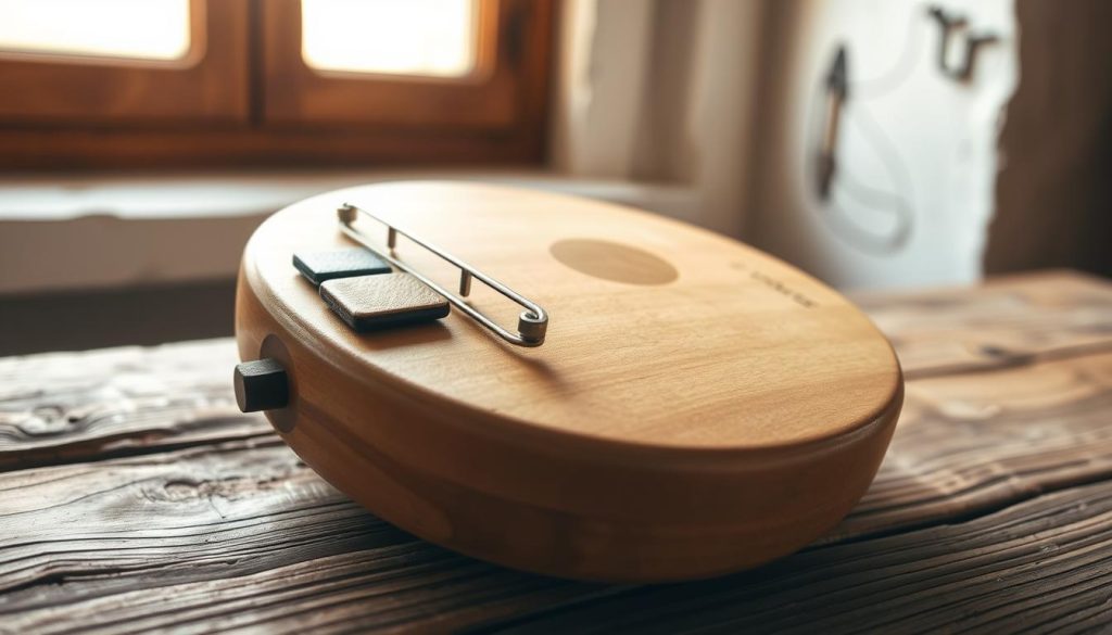 A beautifully crafted tongue drum resting on a rustic wooden surface, its gentle curves and intricate detailing catching the warm, soft light from a large window. The instrument's natural wood tones contrast with a muted, earthy color palette, creating a calming, inviting atmosphere. The camera angle offers a close, intimate view, allowing the viewer to appreciate the tactile, handcrafted quality of the tongue drum. The scene evokes a sense of tranquility and the allure of discovering a new musical instrument, perfect for a beginner's exploration of the melodic and meditative qualities of the tongue drum.