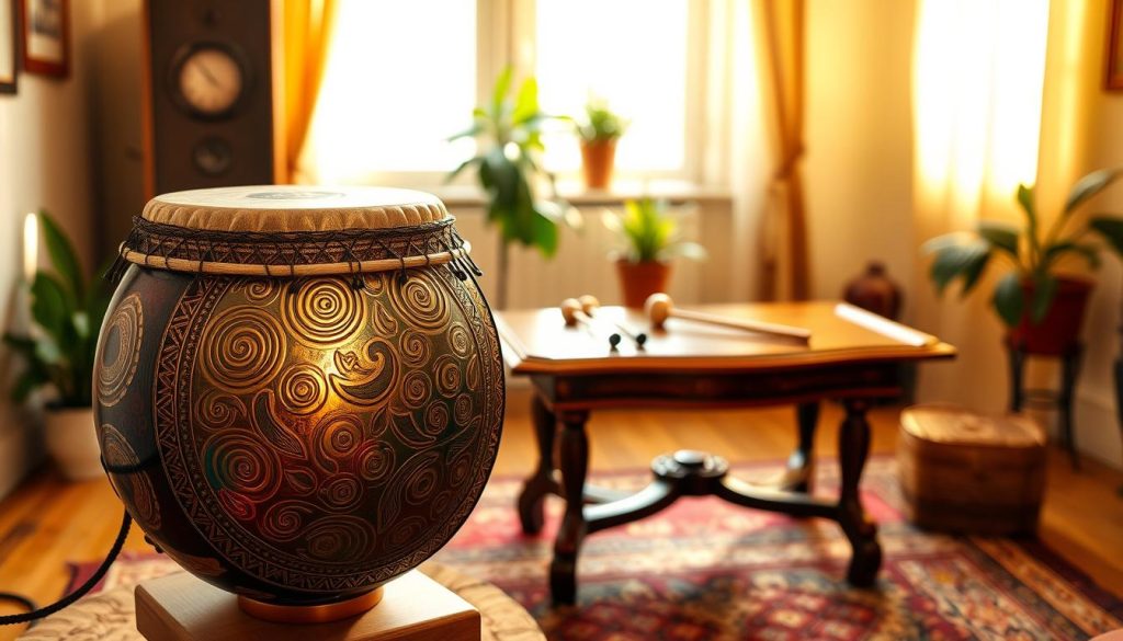 A beautifully crafted tongue drum, showcasing its intricate designs and vibrant colors, placed prominently in the foreground. The drum features traditional patterns etched into its surface, with metallic hues reflecting the light. In the middle ground, an elegant wooden table displays a selection of mallets, hinting at various playing styles. The background captures a serene music studio, softly illuminated by warm, natural light filtering through a window. A few potted plants add a touch of tranquility to the scene. The atmosphere is calm and inviting, evoking the soothing sounds of the tongue drum. The image should be taken from a slightly elevated angle, focusing on the details of the tongue drum and its surroundings, without any text or watermarks present.