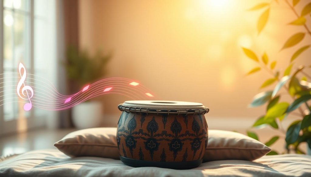 A beautifully crafted tongue drum sits at the forefront, showcasing intricate designs and a rich wood texture. The drum is arranged between a soft velvet cushion and delicate sound waves visually represented in vibrant colors, spiraling upwards to signify notes and frequencies. In the middle background, a softly blurred scene of a serene room filled with warm ambient light, enhancing the calming vibe. The lighting is golden and soft, creating a tranquil atmosphere that invites meditation. In the far background, hinting at nature, green leaves gently sway, suggesting a connection to the earth and harmony. The overall composition conveys a peaceful and harmonious mood, reflecting the importance of musical notes and frequencies.