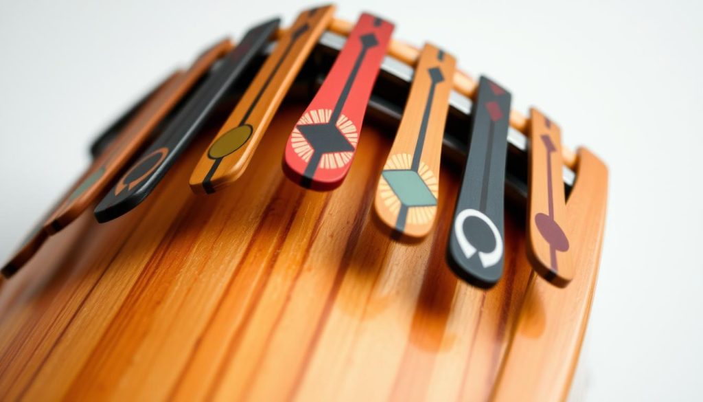 A close-up view of a tongue drum, with its various tones and notes prominently displayed. The wooden instrument is positioned against a clean, neutral background, allowing the vibrant colors and intricate patterns of the individual tongues to take center stage. Soft, diffused lighting accentuates the natural textures and grain of the wood, creating a warm, inviting atmosphere. The camera angle is slightly elevated, giving the viewer a sense of intimacy and allowing them to appreciate the nuanced details of the instrument. The overall composition conveys a sense of harmony and exploration, reflecting the section's focus on the relationship between the number of tongues and the available notes.