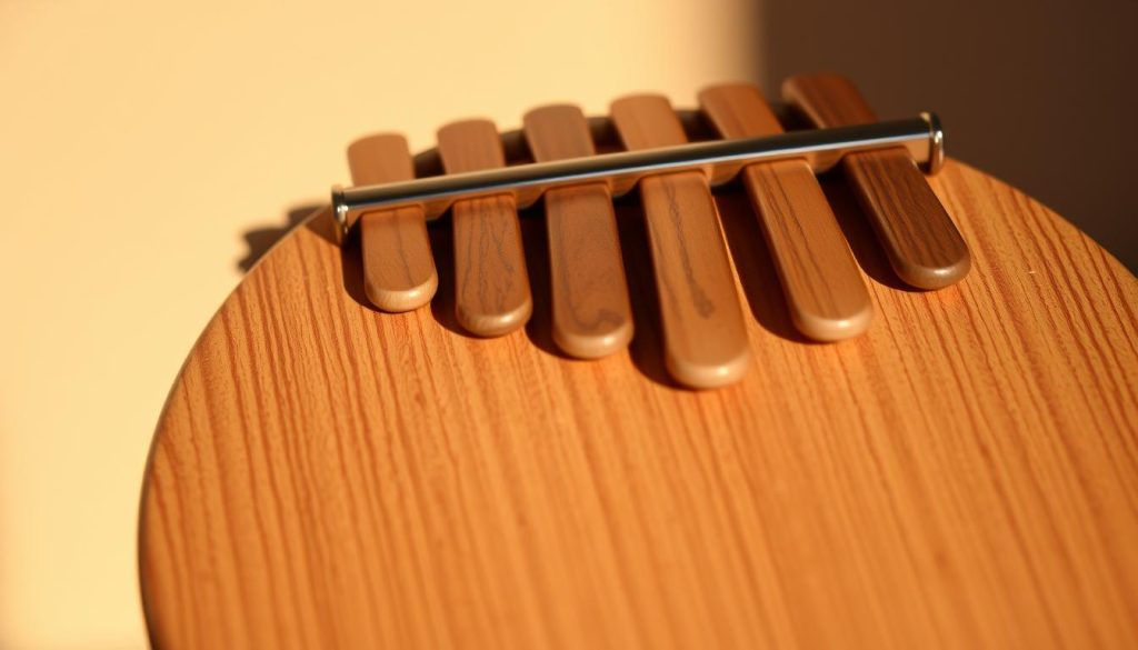 A closeup view of a hand-crafted wooden tongue drum, its surface adorned with a carefully arranged pattern of 5 smooth, rounded "tongues" or keys. The drum is captured in warm, natural lighting, casting soft shadows that highlight the textured grain of the wood. The instrument is positioned against a simple, neutral background, drawing the viewer's focus to the intricate details of the drum and its melodic components. The overall composition conveys a sense of simplicity, quality craftsmanship, and the musical potential of this versatile percussion instrument.
