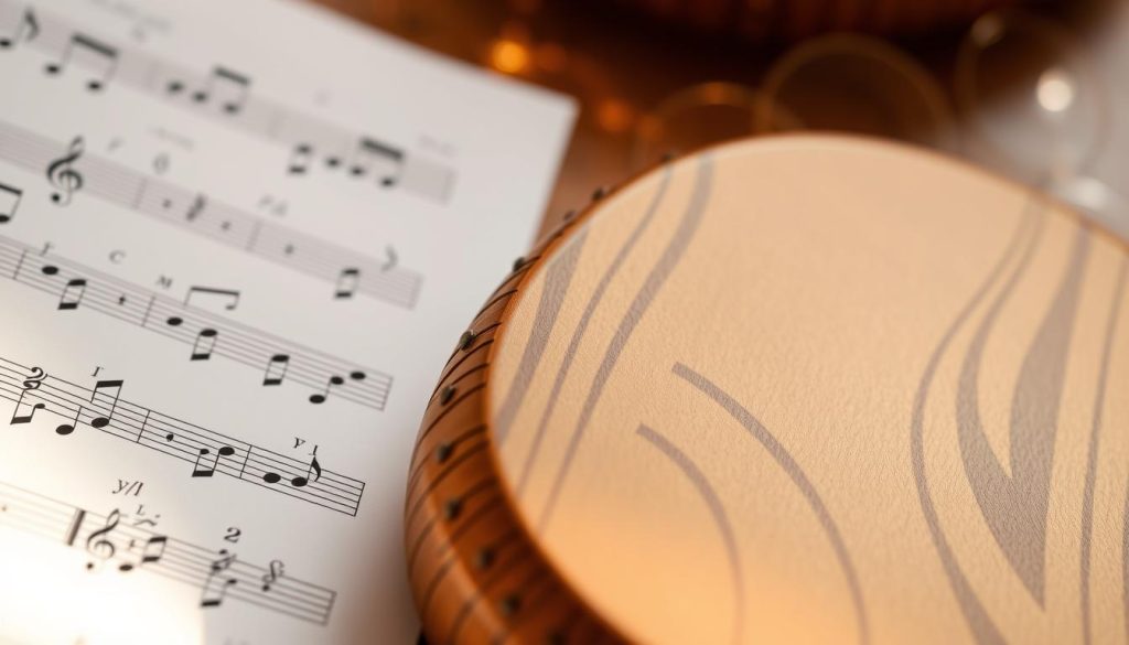 A composition depicting musical notes, scales, and the design of a tongue drum instrument. The foreground features a close-up view of musical notation on sheet music, with treble and bass clefs, sharps, and naturals. The middle ground showcases the intricate patterns and grooves of a wooden tongue drum, captured in warm, natural lighting. The background subtly blends in abstract shapes and lines representing the harmonic frequencies and vibrations associated with the instrument. The overall mood is one of technical precision and the appreciation of the fundamental elements of music-making. A composition depicting musical notes, scales, and the design of a tongue drum instrument. The foreground features a close-up view of musical notation on sheet music, with treble and bass clefs, sharps, and naturals. The middle ground showcases the intricate patterns and grooves of a wooden tongue drum, captured in warm, natural lighting. The background subtly blends in abstract shapes and lines representing the harmonic frequencies and vibrations associated with the instrument. The overall mood is one of technical precision and the appreciation of the fundamental elements of music-making.