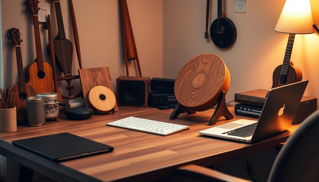 A cozy home office setting with a wooden desk, a laptop, and a variety of musical instruments including a tongue drum, displayed for online purchase. The desktop features a clean, minimalist design with warm lighting and a subtle, earthy color palette. The tongue drum is prominently showcased, with its unique shape and intricate wood grain patterns accentuated. The overall atmosphere conveys a sense of tranquility and inspiration, inviting the viewer to explore the world of online instrument shopping. A cozy home office setting with a wooden desk, a laptop, and a variety of musical instruments including a tongue drum, displayed for online purchase. The desktop features a clean, minimalist design with warm lighting and a subtle, earthy color palette. The tongue drum is prominently showcased, with its unique shape and intricate wood grain patterns accentuated. The overall atmosphere conveys a sense of tranquility and inspiration, inviting the viewer to explore the world of online instrument shopping.