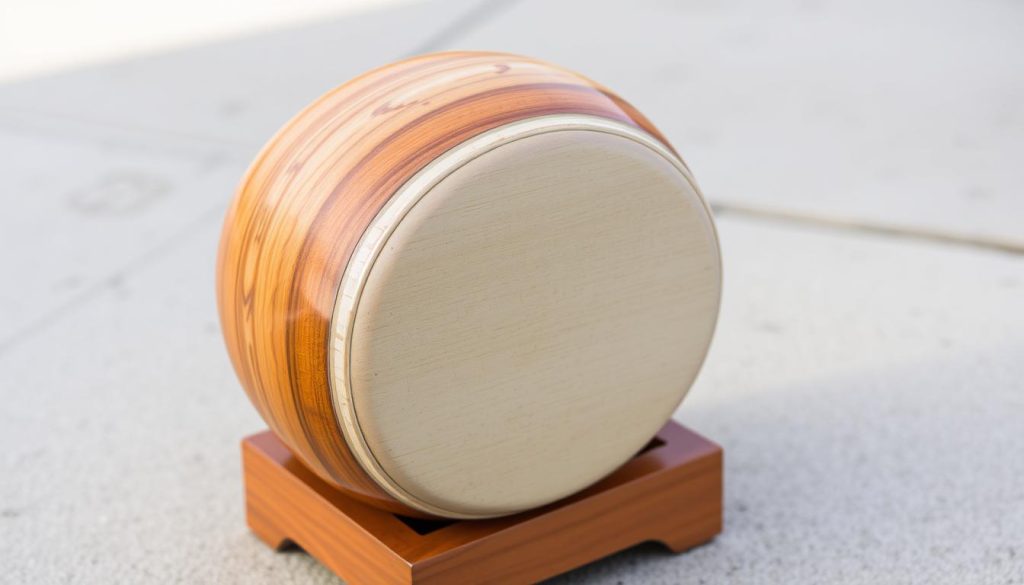 A drum-shaped musical instrument with a distinctive, resonant tone, captured in natural light. The wooden body, gently curved and sanded smooth, rests on a sturdy base. The surface is adorned with a delicate pattern, hinting at its cultural heritage. Viewed from an angled perspective, the instrument's compact size and lightweight construction are evident, emphasizing its portability. The warm, earthy tones of the wood create a sense of grounded, organic presence, inviting the viewer to imagine the rich, soothing sounds it might produce.