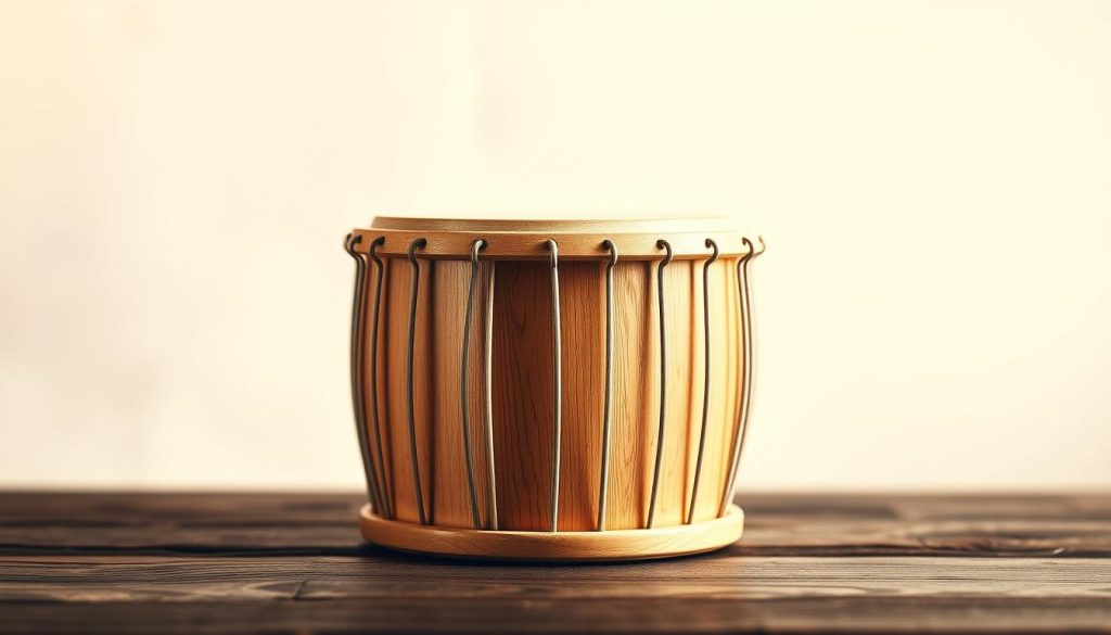 A high-quality, detailed image of a tongue drum, showcasing its size and construction. The drum is positioned in the center, with a focus on its cylindrical shape, wooden body, and evenly spaced tongues. The background is softly blurred, allowing the drum to be the main focal point. Warm, natural lighting illuminates the drum, highlighting the grain and texture of the wood. The composition emphasizes the proportions and dimensions of the instrument, conveying a sense of balance and resonance. The image should provide a clear, visually appealing representation of the key technical aspects mentioned in the section title.
