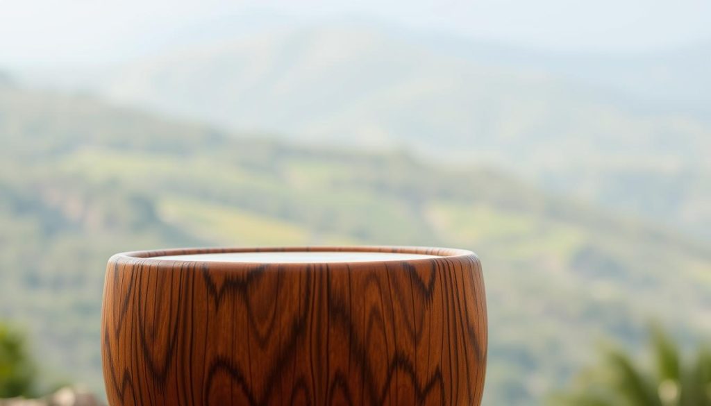 A high-quality, detailed image of a wooden tongue drum against a natural, earthy background. The drum is positioned in the foreground, its intricate patterns and grains visible. The middle ground features a soft, diffused light, creating a serene, contemplative atmosphere. In the background, a gently rolling landscape with lush greenery and hints of a distant horizon. The overall composition emphasizes the organic, meditative qualities of the tongue drum, inviting the viewer to explore its musical potential and harmonious tones.
