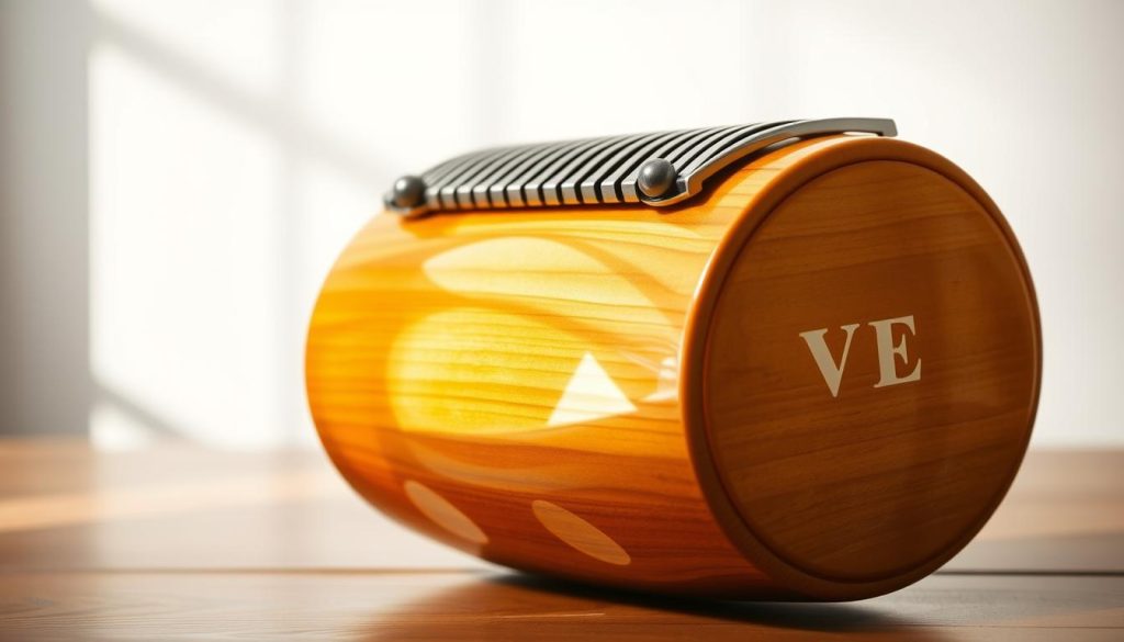 A high-quality tongue drum with a distinctive accordage, resting on a wooden surface. The drum's sleek, polished body reflects warm, natural lighting, emphasizing its intricate sound holes and melodic vibrations. The drum's tuning pegs are clearly visible, inviting the viewer to imagine the process of adjusting the drum's pitch to the desired 440 Hz, 432 Hz, or 429.6 Hz frequencies. The background features a serene, minimalist setting, allowing the instrument to take center stage and showcase its elegant, harmonious design.
