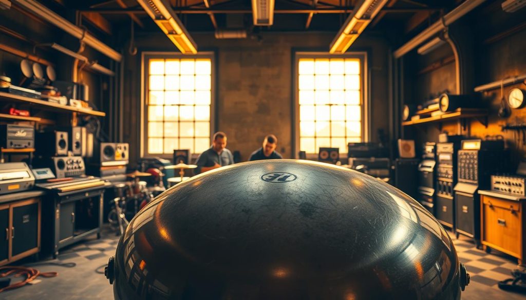 A meticulously crafted workshop, bathed in warm golden light from large industrial windows. In the foreground, a sleek, expertly repaired tongue drum takes center stage, its surface polished to a high sheen. The middle ground reveals skilled technicians diligently working on musical instruments, their faces focused and their movements precise. The background showcases an impressive array of high-end audio equipment, hinting at the brand's commitment to quality and customer service. An atmosphere of professionalism, attention to detail, and a passion for music permeates the scene, reflecting the reputation and care associated with this renowned instrument repair service.
