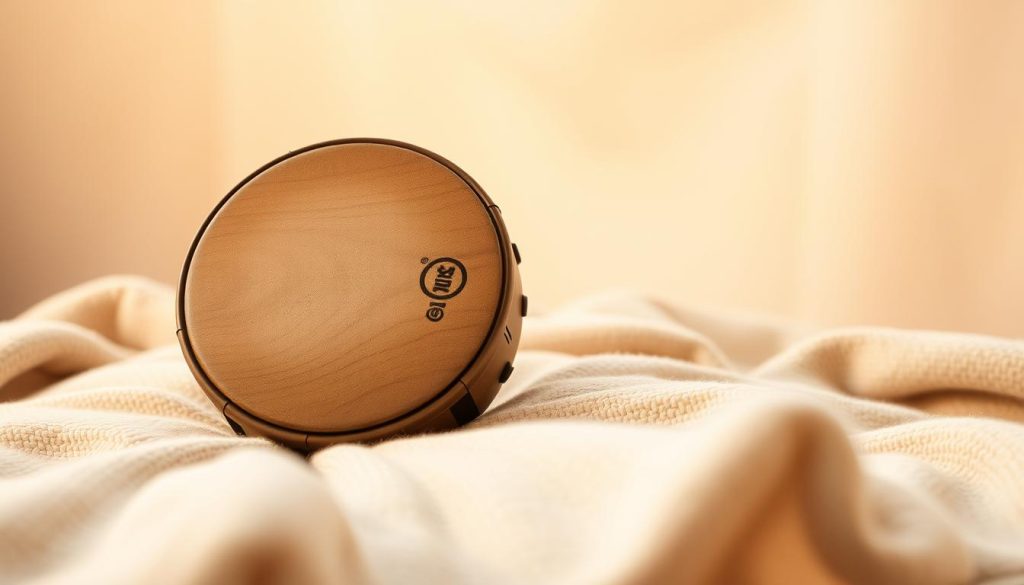 A peaceful scene of a tongue drum resting on a cozy, soft surface, bathed in warm, diffused lighting. The drum's intricate wooden patterns and mellow tones convey a sense of tranquility, inviting the viewer to imagine the soothing, meditative sounds it might produce. In the background, a blurred, neutral backdrop creates a calming, minimalist ambiance, emphasizing the instrument's central role in this moment of relaxation.