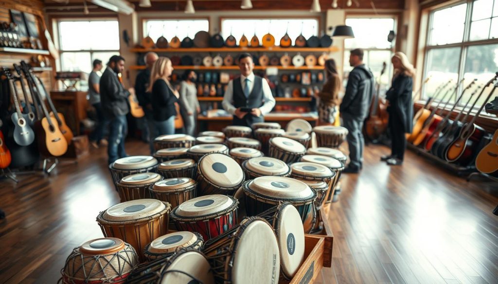 A serene shopping scene set in a cozy, well-lit music store. In the foreground, a well-organized display of colorful tongue drums in various sizes and designs, showcasing intricate patterns and textures. In the middle, a knowledgeable salesperson, dressed in professional attire, attentively guiding a diverse group of customers. The atmosphere is warm and inviting, with soft natural light filtering through large windows, casting gentle reflections on the polished wooden floor. In the background, shelves filled with musical instruments and accessories create a harmonious ambiance. The overall mood is relaxed and informative, emphasizing the joy of selecting the perfect instrument with confidence and peace of mind.