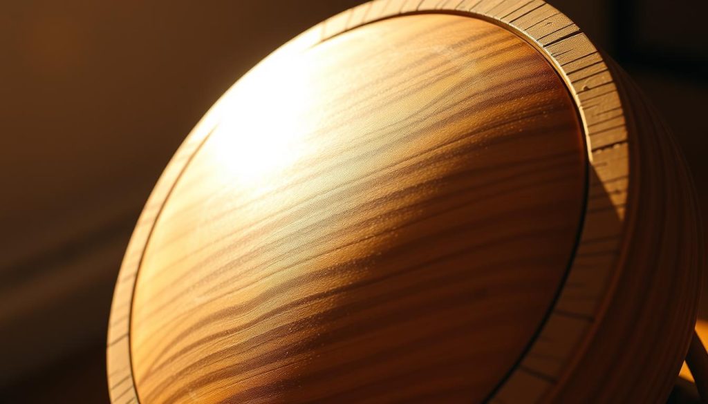 A well-crafted, finely detailed tongue drum instrument with a natural, resonant wooden frame. The drum's surface is adorned with a subtle, intricate pattern that evokes the concept of "fréquence accordage." The lighting casts a warm, golden glow, highlighting the instrument's organic textures and lustrous finish. The camera angle is slightly elevated, providing a clear, unobstructed view of the drum's design and construction. The overall mood is one of tranquility and musical harmony, inviting the viewer to imagine the serene, soothing tones this instrument might produce.